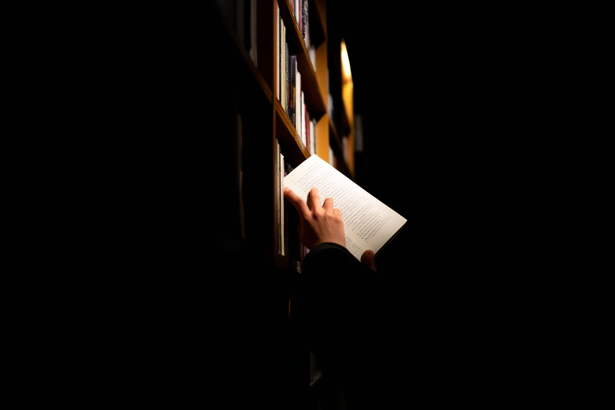 Una persona che sfoglia un corridoio di una libreria fisica, allungando la mano per toccare il dorso di un libro rilegato