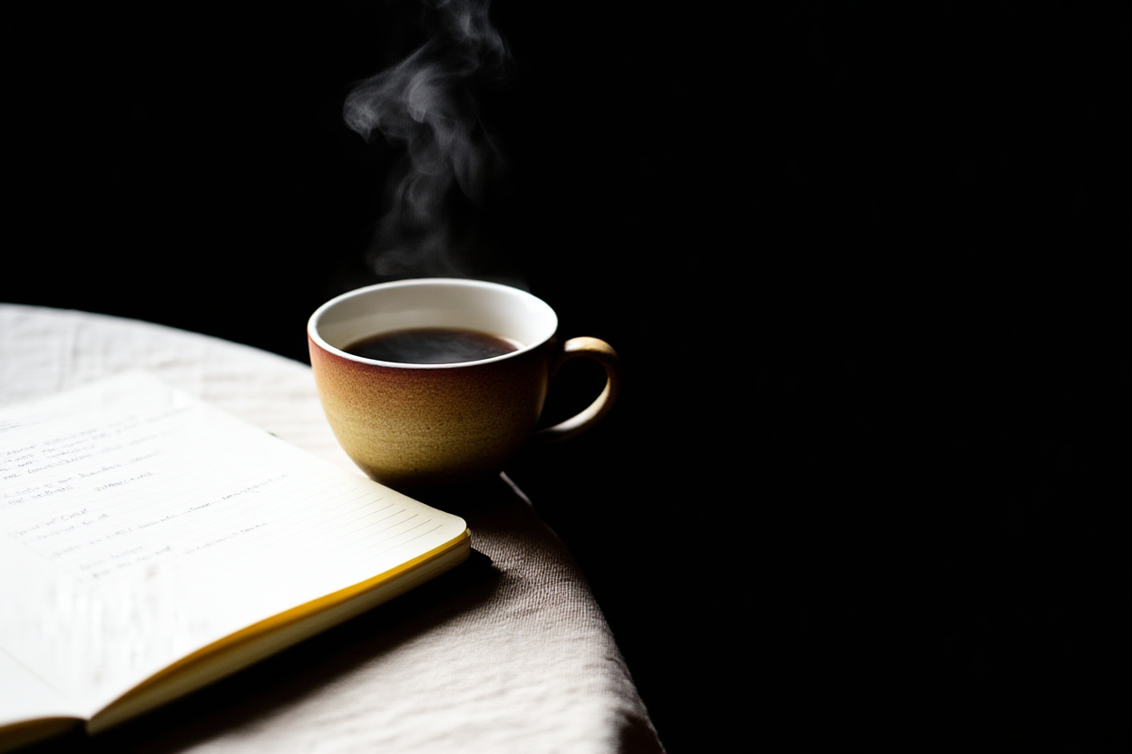 Un primo piano di una tazza da caffè in ceramica fumante seduta accanto a un planner aperto con compiti scritti a mano visibili su una superficie tessile