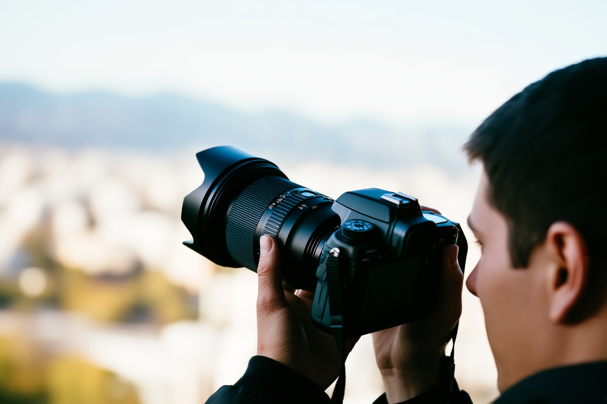 Un fotografo che regola l'anello di messa a fuoco su un obiettivo professionale mentre tiene la fotocamera ferma contro uno skyline sfocato della città