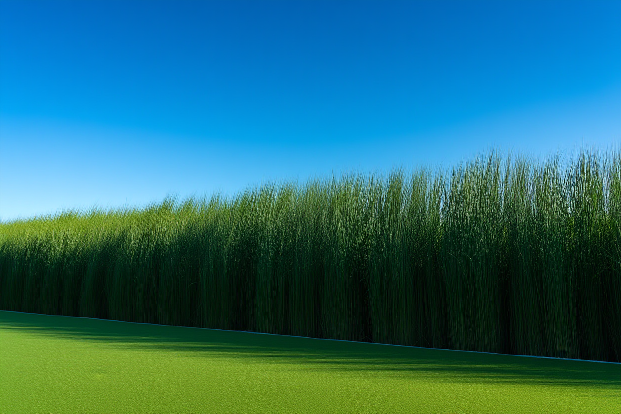 una escena exterior serena con hierba verde alta balanceándose suavemente en la brisa bajo un cielo azul despejado, evocando una sensación de nat