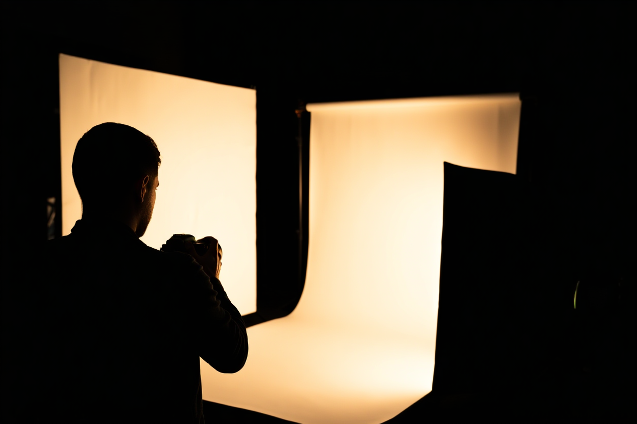 un fotógrafo de pie en un estudio iluminado por el sol sosteniendo una tableta, rodeado de grandes fondos blancos y equipo de iluminación softbox eq