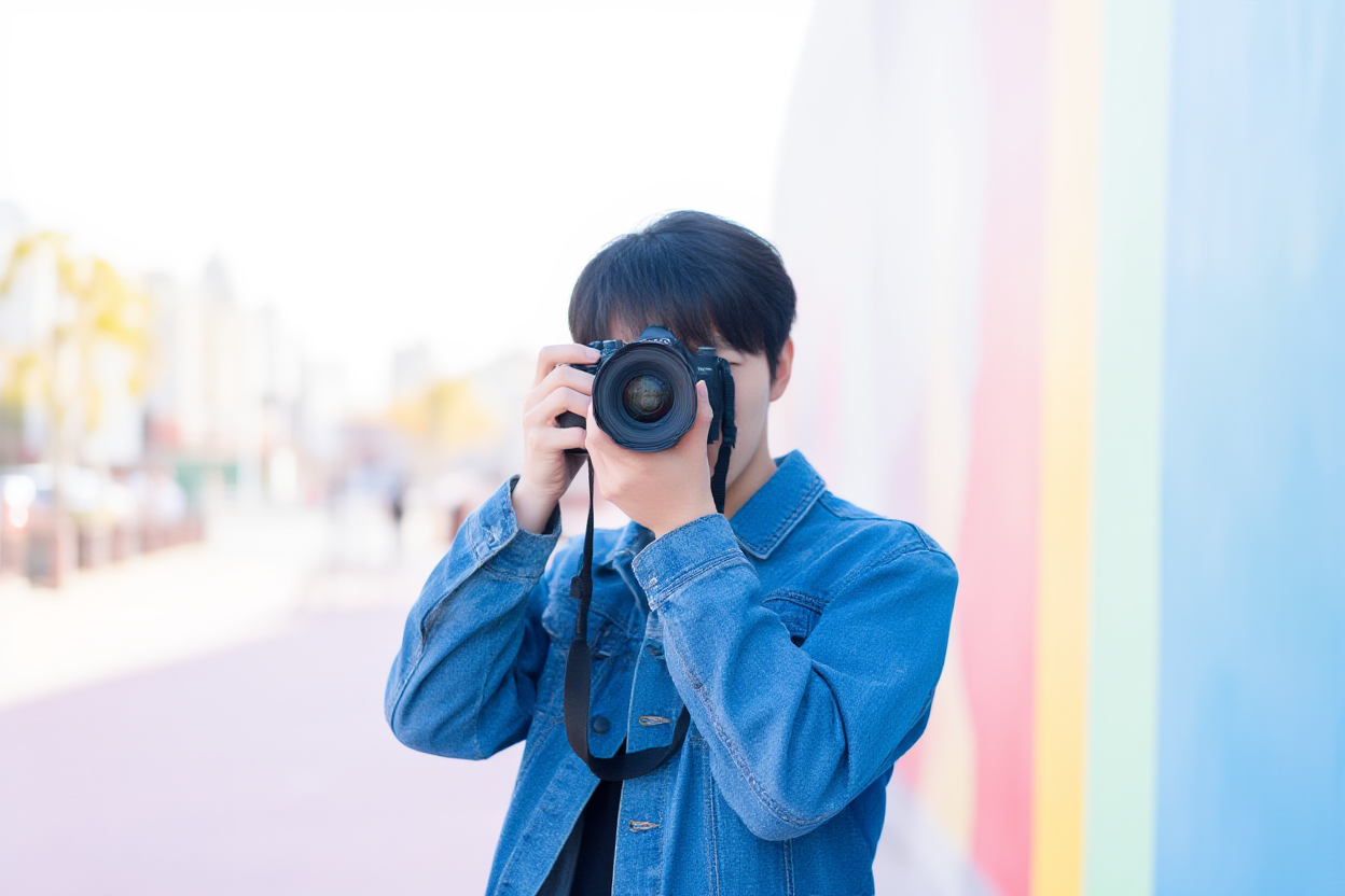 A photographer standing on a sunlit urban sidewalk holding a smartphone up to capture a colorful mural while wearing a c