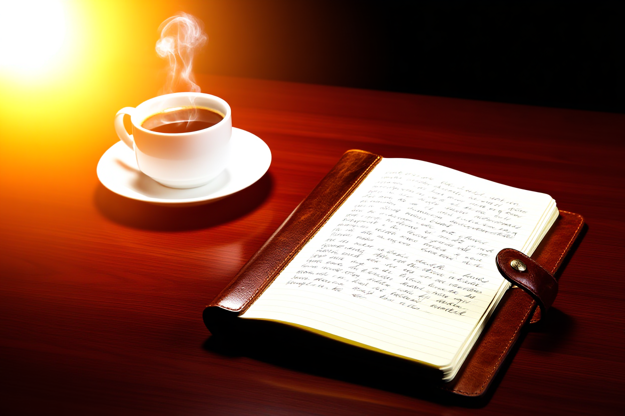 A tidy wooden desk with a steaming cup of coffee next to a leather-bound notebook showing handwritten notes about photog