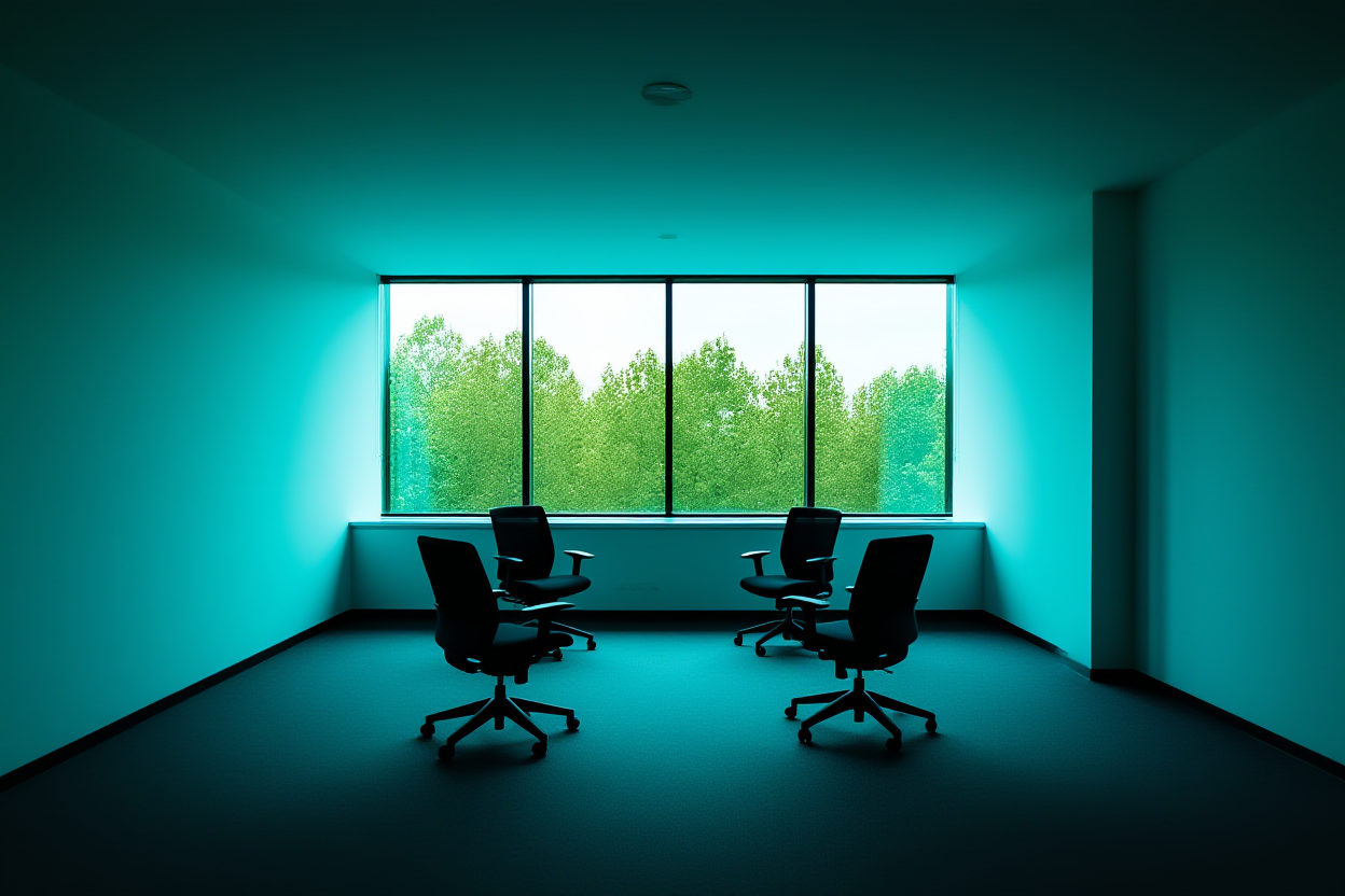 A modern office workspace with a large window overlooking green trees, featuring ergonomic chairs arranged in a semi-cir