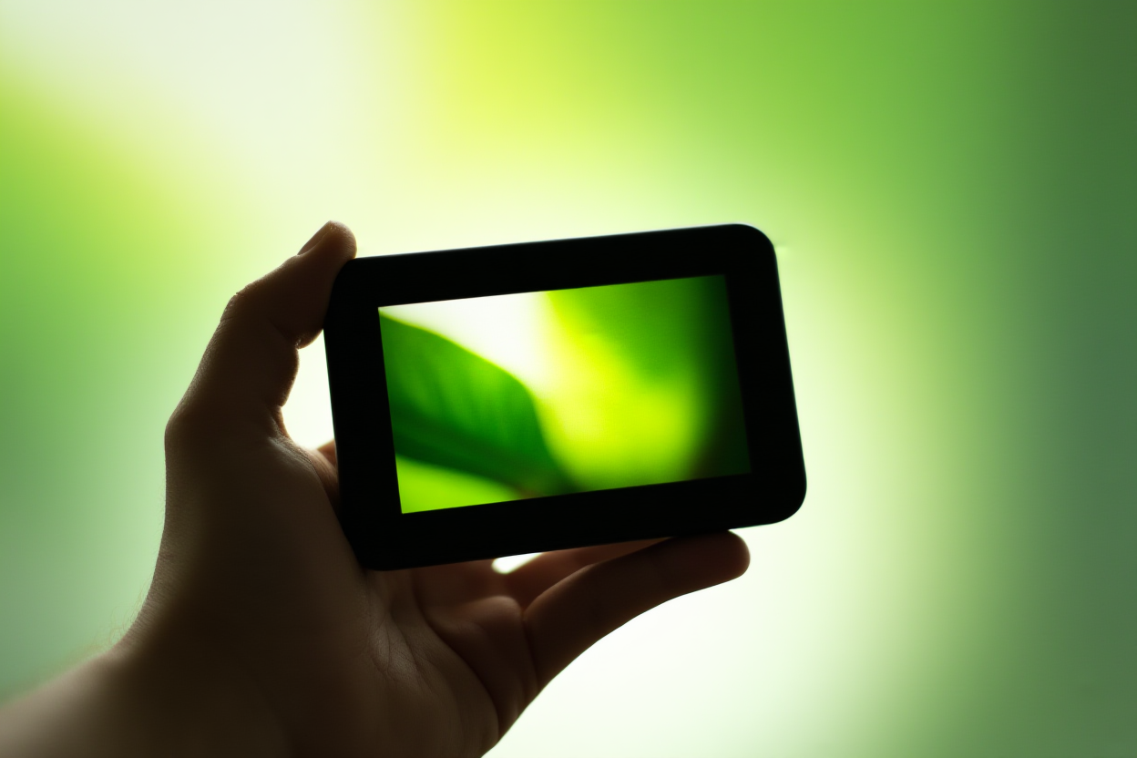 A close-up of a hand holding a digital tablet displaying vibrant nature photography with soft natural lighting filtering