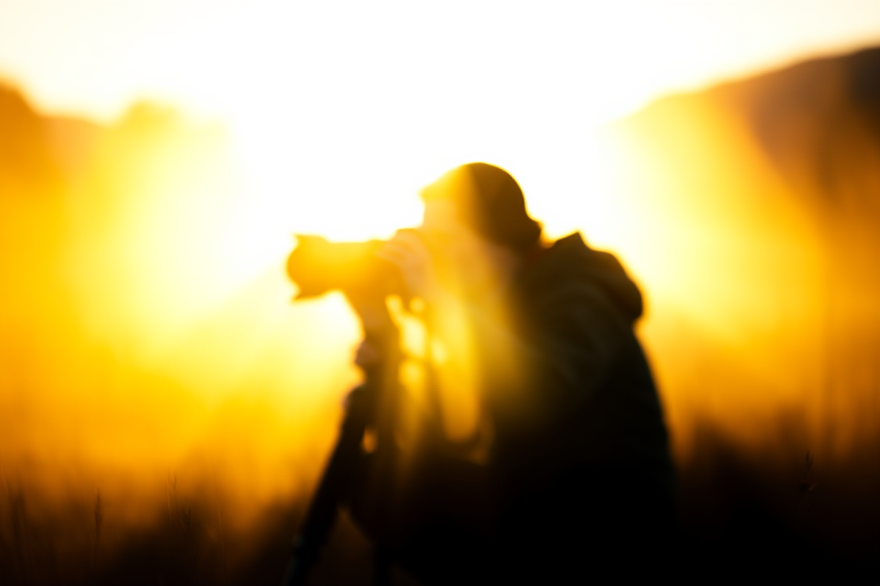 A photographer kneeling in tall golden grass at sunrise adjusting a DSLR on a tripod with distant mountains visible unde