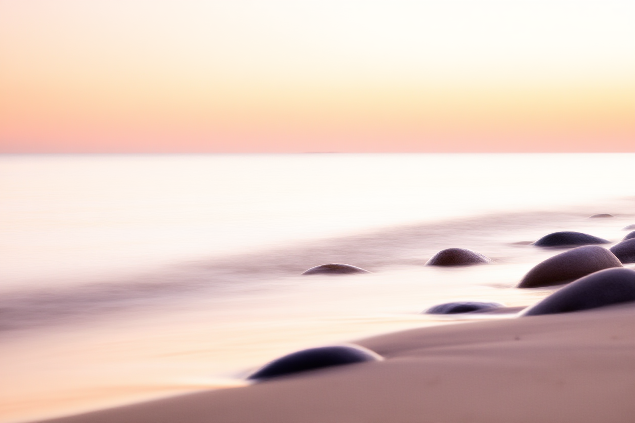 A serene beach scene at sunset with gentle waves lapping against smooth sand rocks scattered along the shoreline under a