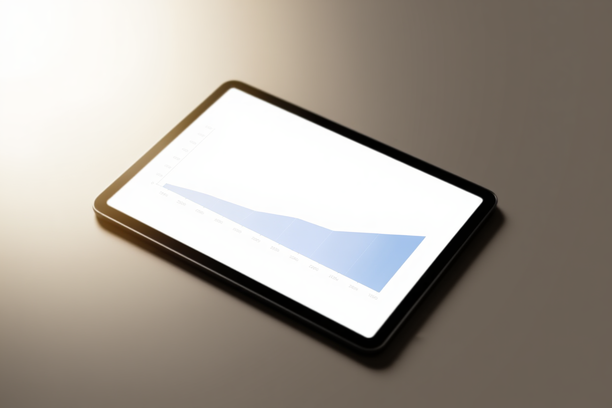 ein digitales Tablet mit einem sauberen Verkaufsdiagramm auf einem minimalistischen Arbeitsplatz bei sanftem Morgenlicht, breites Landschaftsfoto