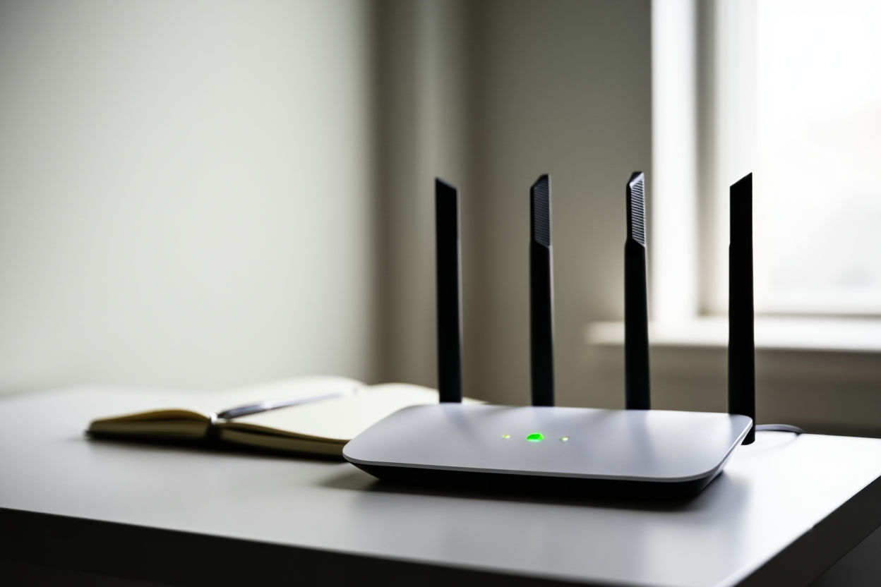 ein moderner Router mit blinkenden LED-Leuchten auf einem sauberen Schreibtisch neben einem Notizbuch, sanftes Tageslicht, breites Landschaftsfoto