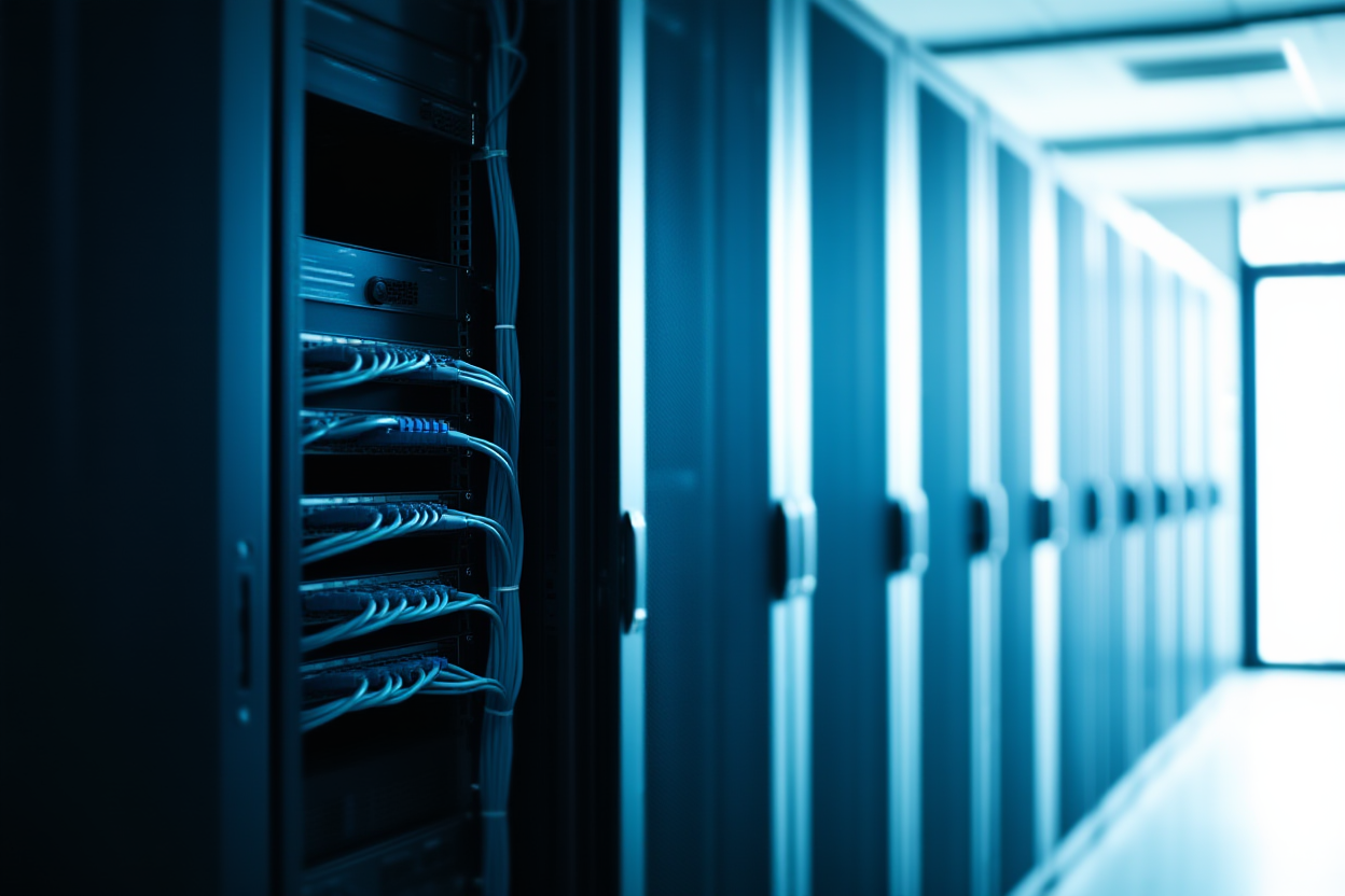 ein Server-Rack mit organisierten Kabeln in einem kühl-tonigen Rechenzentrum, sanfte Umgebungsbeleuchtung, breites Landschaftsfoto