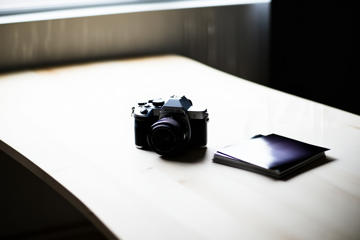 a silver DSLR camera resting on a white wooden desk beside a stack of printed photographs, soft natural daylight, wide l
