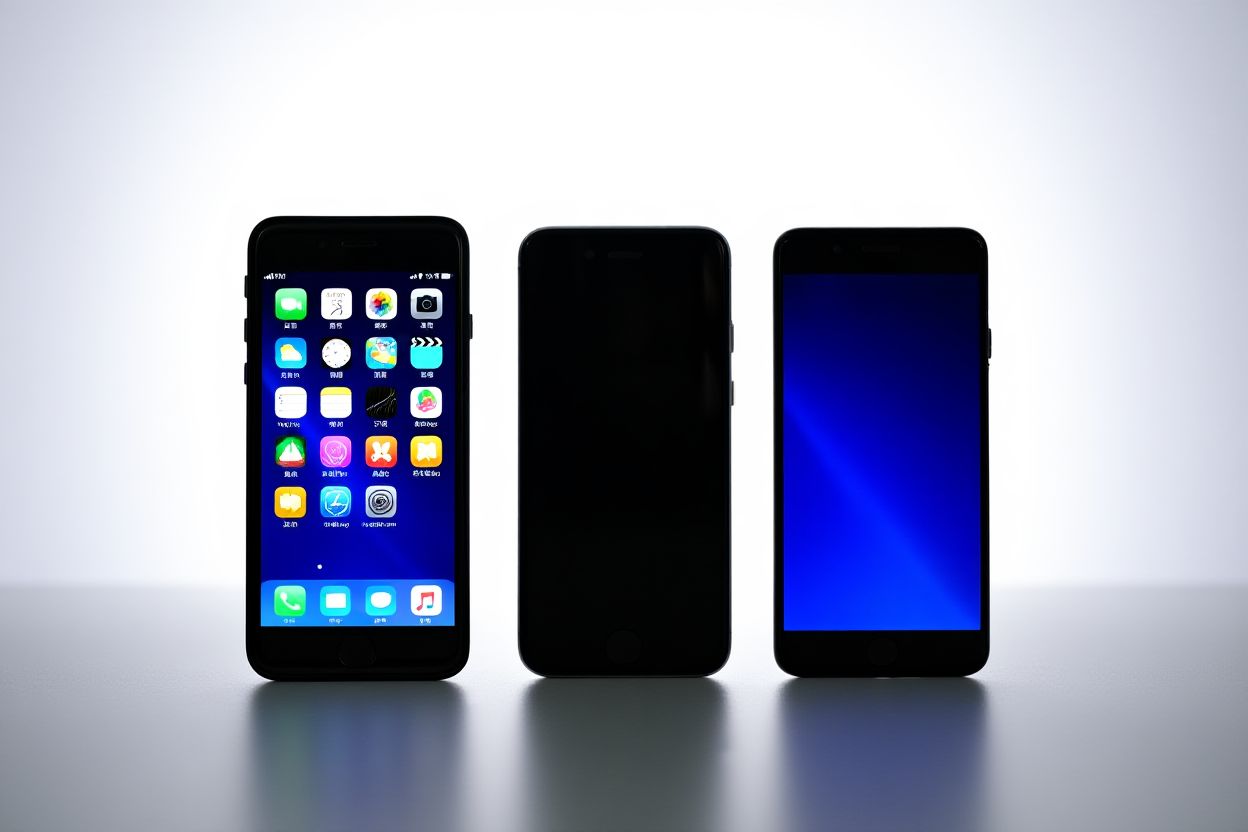 three different smartphones arranged neatly on a gray surface showing app icons, bright studio lighting, wide landscape