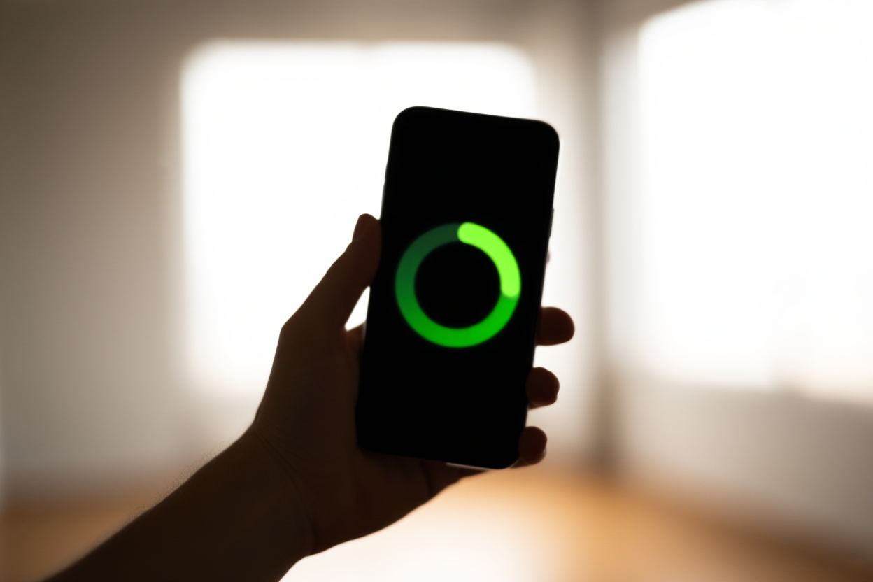 a hand holding a smartphone displaying a circular progress gauge with green colors, soft indoor light, wide landscape sh