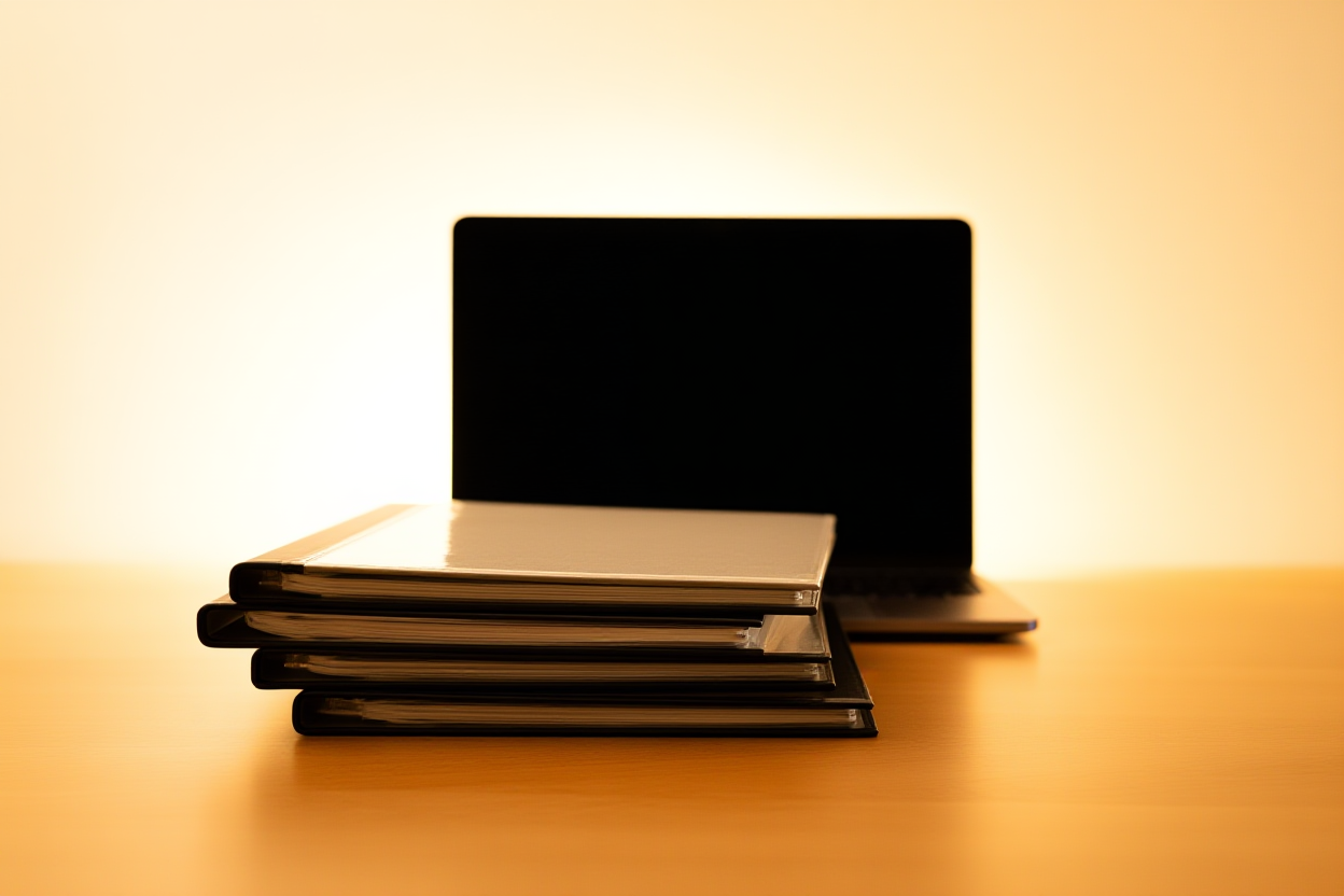 a large stack of photo albums or binders on a wooden table next to a laptop, warm ambient light, wide landscape shot