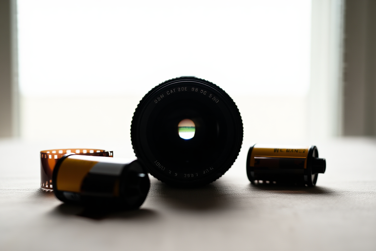 a vintage camera lens lying on a textured fabric surface with scattered film rolls, soft window light, wide landscape sh