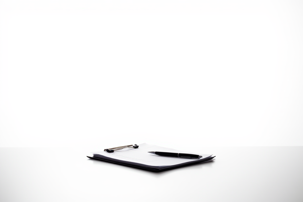a clipboard with a checklist and a pen resting on top of it, clean white background, bright lighting, wide landscape sho