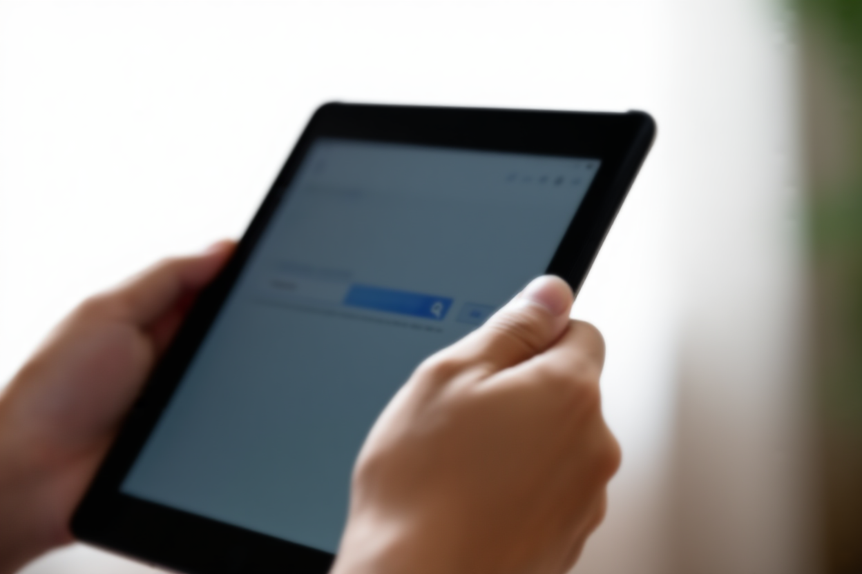 seseorang melihat tablet digital yang menampilkan hasil pencarian, cahaya siang lembut, bidikan lanskap lebar