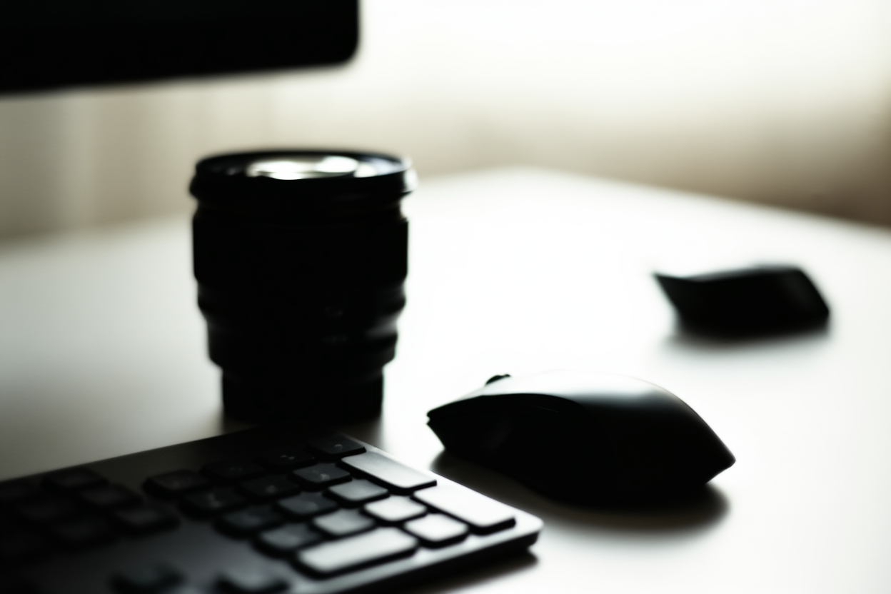 setup meja modern dengan keyboard dan mouse di samping lensa kamera, cahaya alami lembut, bidikan lanskap lebar