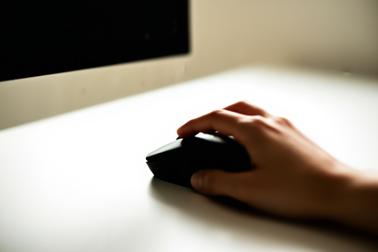 tangan mengklik tombol mouse di komputer dengan kode atau kata kunci terlihat, cahaya alami lembut, bidikan lanskap lebar