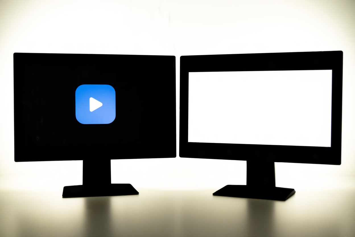 una comparación lado a lado de dos monitores de computadora, uno mostrando la interfaz y el otro mostrando resultados de IA genérica, luz suave natural
