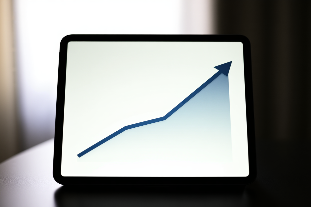 Tablet menampilkan grafik analitik dengan garis tren naik