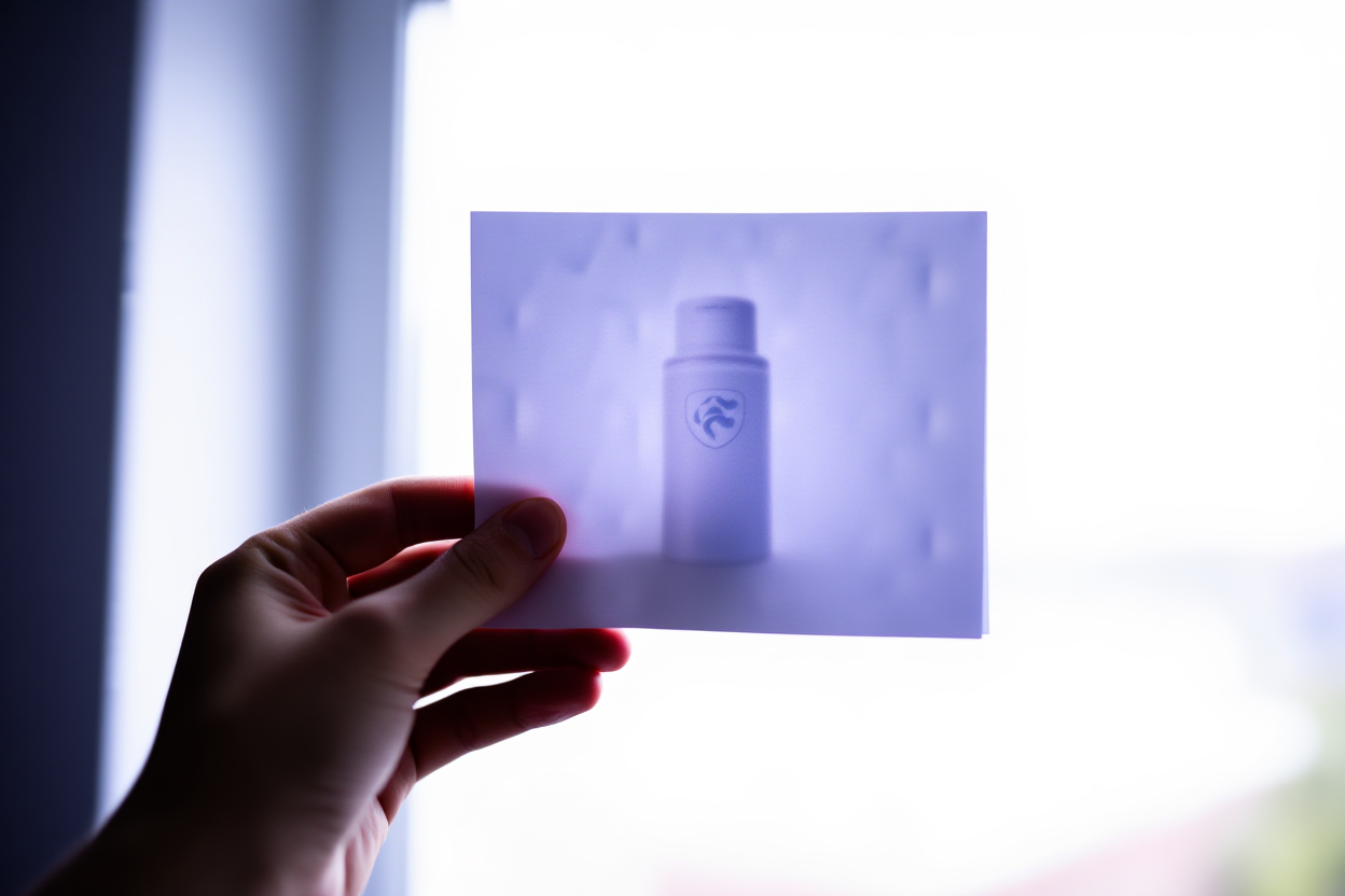 Un gros plan de la main d'un photographe tenant une photographie imprimée contre une fenêtre lumineuse, mettant en évidence un lo visible