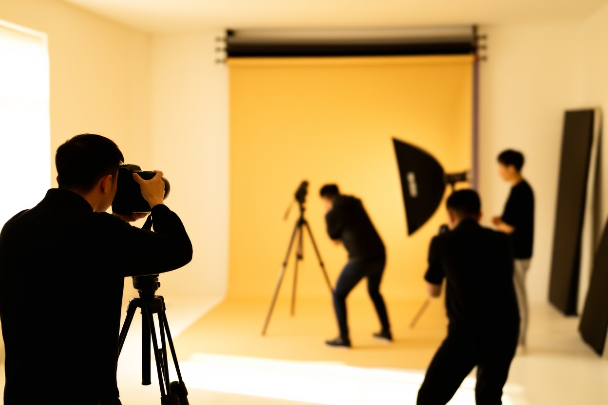 Une vue en accéléré du sol d'un studio de photographie de stock animé avec plusieurs photographes se déplaçant rapidement autour des trépieds