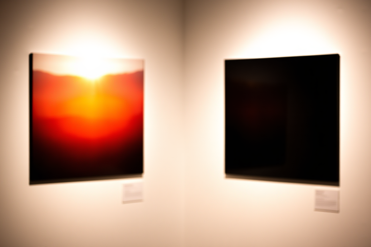 Une composition en écran partagé montrant deux styles différents d'impressions de photographie de stock accrochées sur des murs blancs de galerie avec 