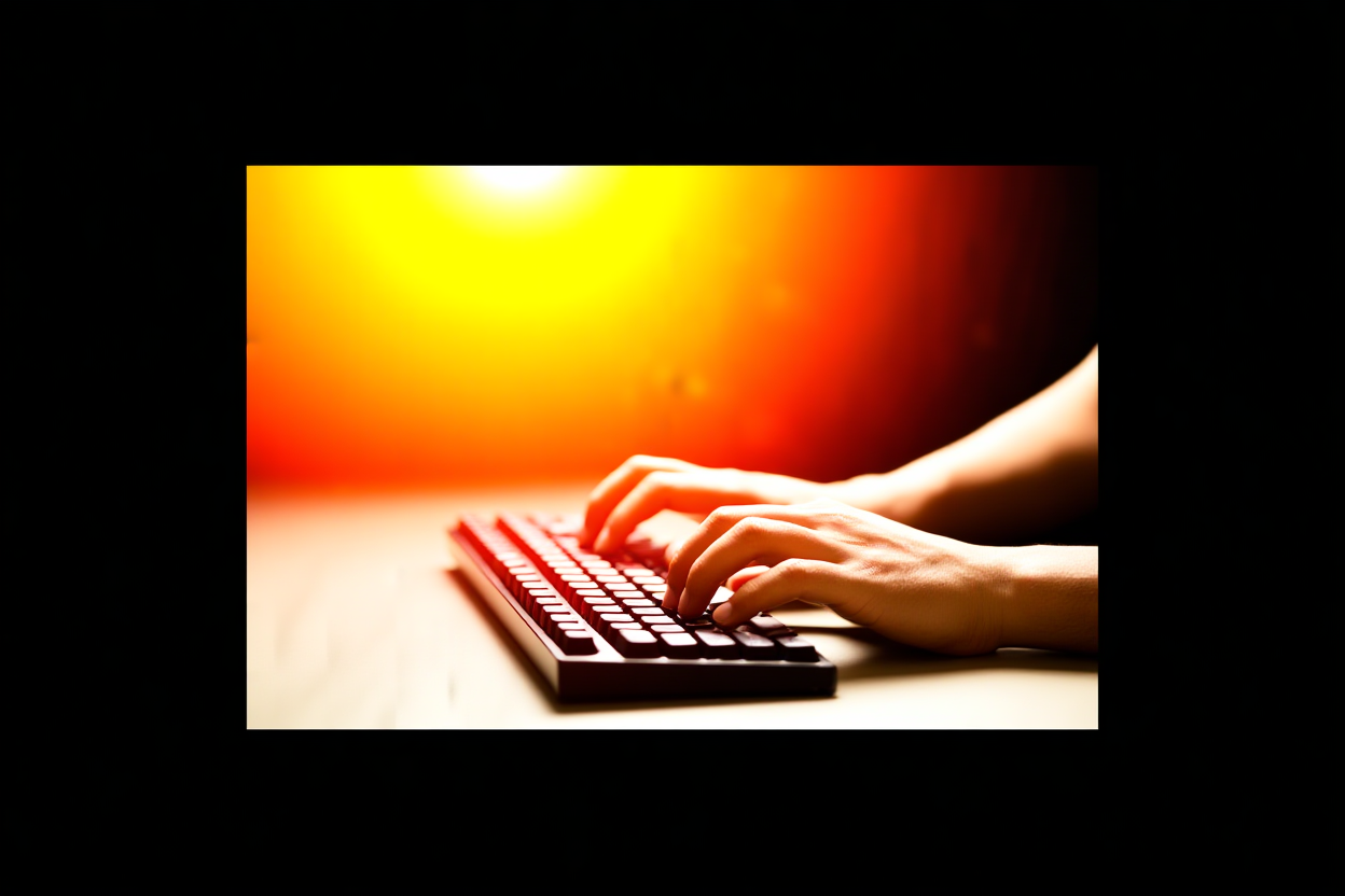 Un gros plan de mains tapant rapidement sur un clavier mécanique devant plusieurs écrans d'ordinateur affichant des lignes de code