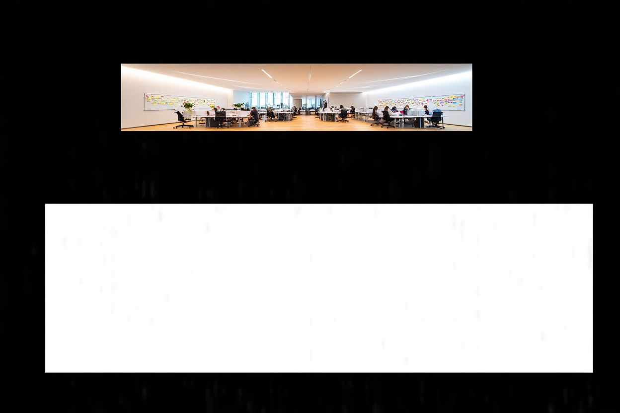 Une prise de vue grand angle d'un espace de bureau moderne à plan ouvert rempli de rangées de bureaux et d'employés collaborant autour de tableaux blancs