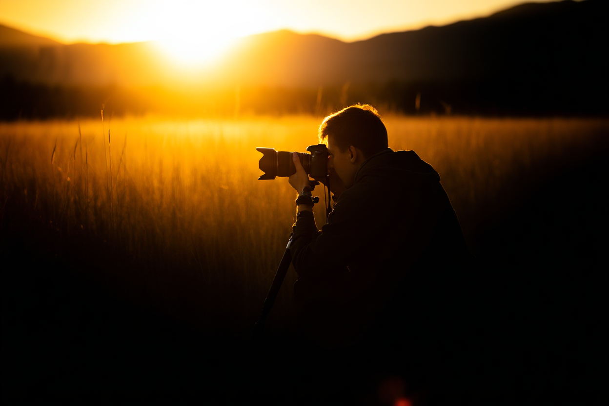 Một nhiếp ảnh gia quỳ trong bãi cỏ vàng cao lúc bình minh đang điều chỉnh máy DSLR trên chân máy, núi xa, ánh sáng ngược ấm áp,