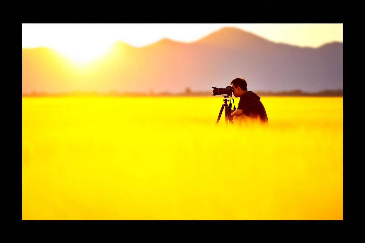 Một nhiếp ảnh gia quỳ trong bãi cỏ vàng cao lúc bình minh đang điều chỉnh máy DSLR trên chân máy với những ngọn núi xa có thể nhìn thấy,