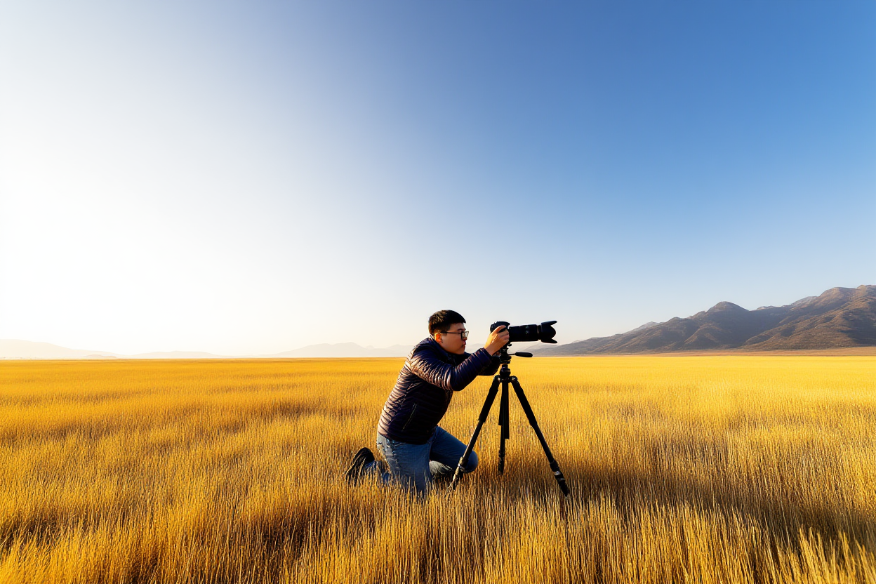 Một nhiếp ảnh gia quỳ trong bãi cỏ vàng cao lúc bình minh đang điều chỉnh máy DSLR trên chân máy với những ngọn núi xa có thể nhìn thấy,