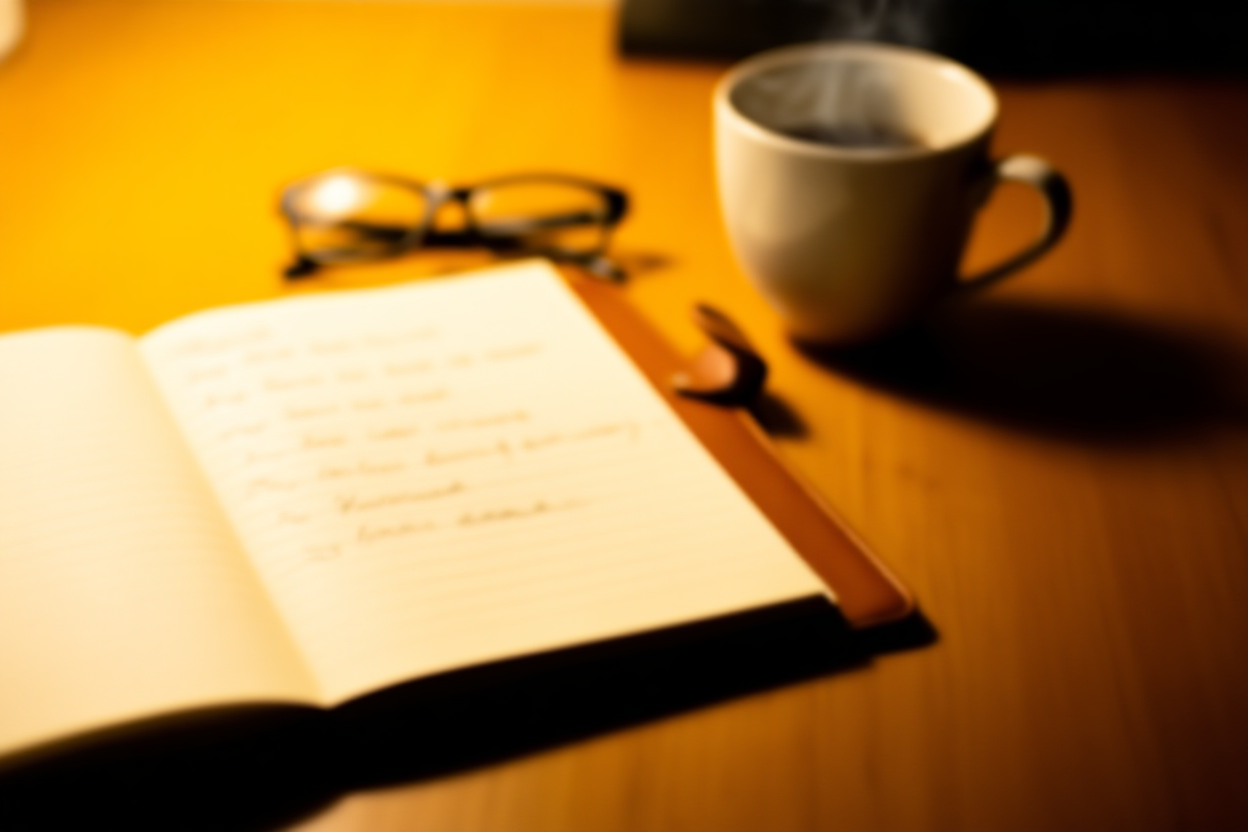 un escritorio de madera ordenado con un cuaderno encuadernado en cuero abierto mostrando listas escritas a mano de palabras clave, junto a unas gafas para leer 