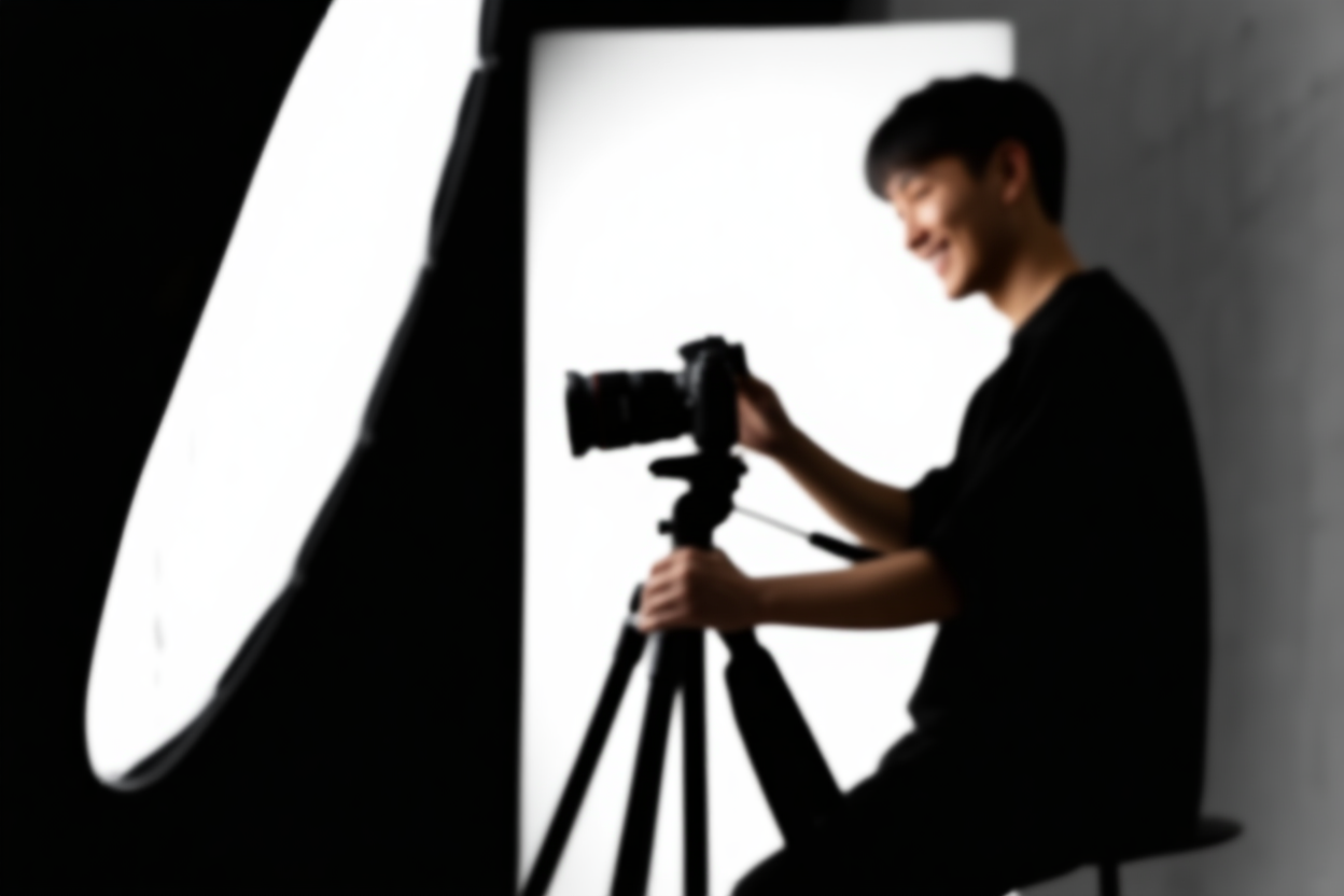 un fotógrafo sentado en un taburete en un estudio brillante, sonriendo mientras ajusta configuraciones en una cámara profesional montada 