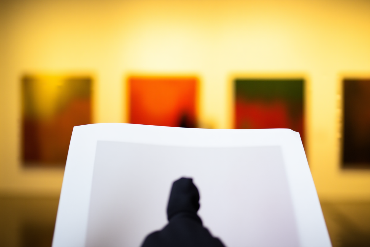 un fotógrafo sosteniendo una foto impresa contra un fondo de arte abstracto colorido en un espacio de galería moderno 