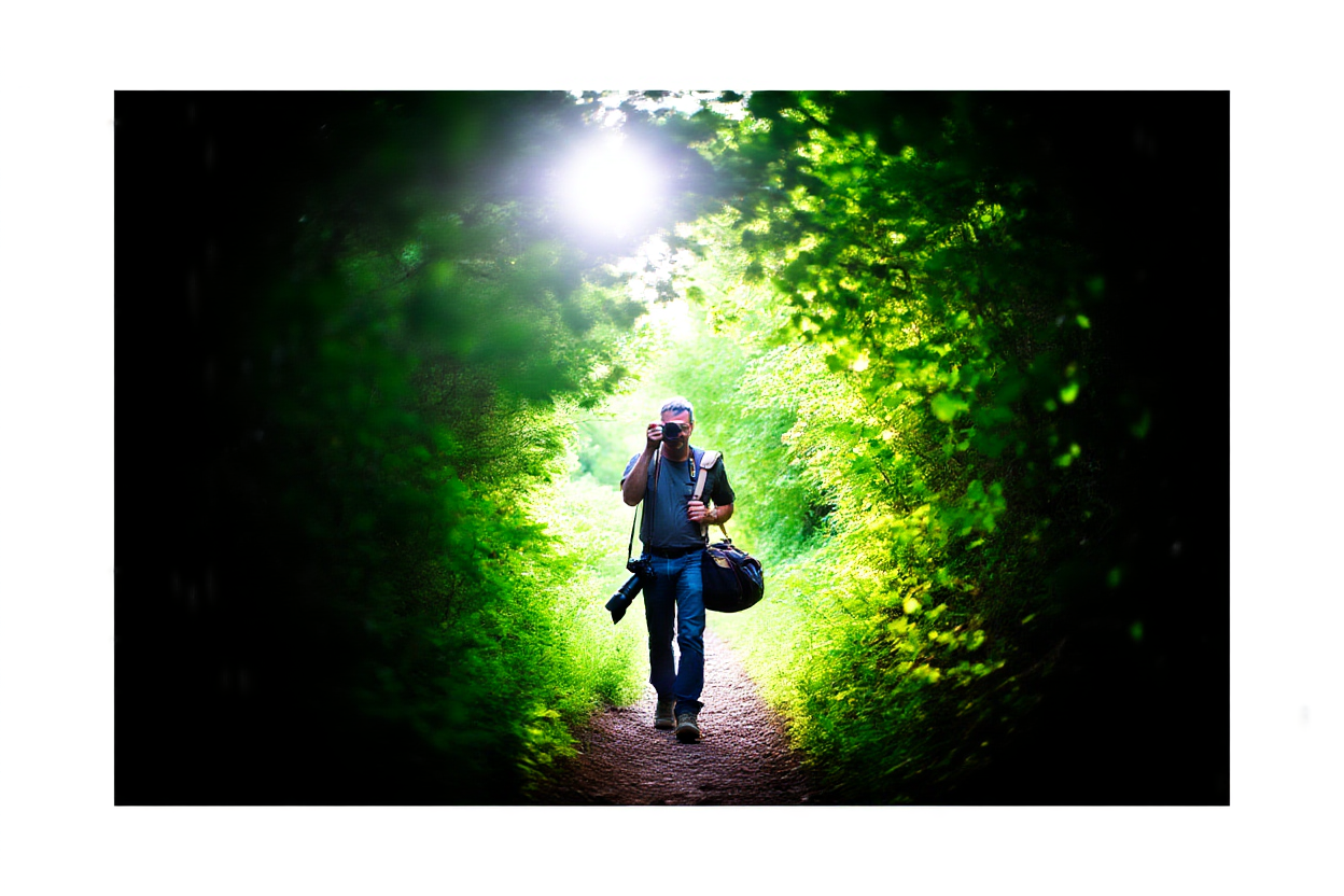 un fotógrafo caminando por un sendero verde exuberante, sosteniendo una bolsa de cámara sobre un hombro con luz solar filtrándose 