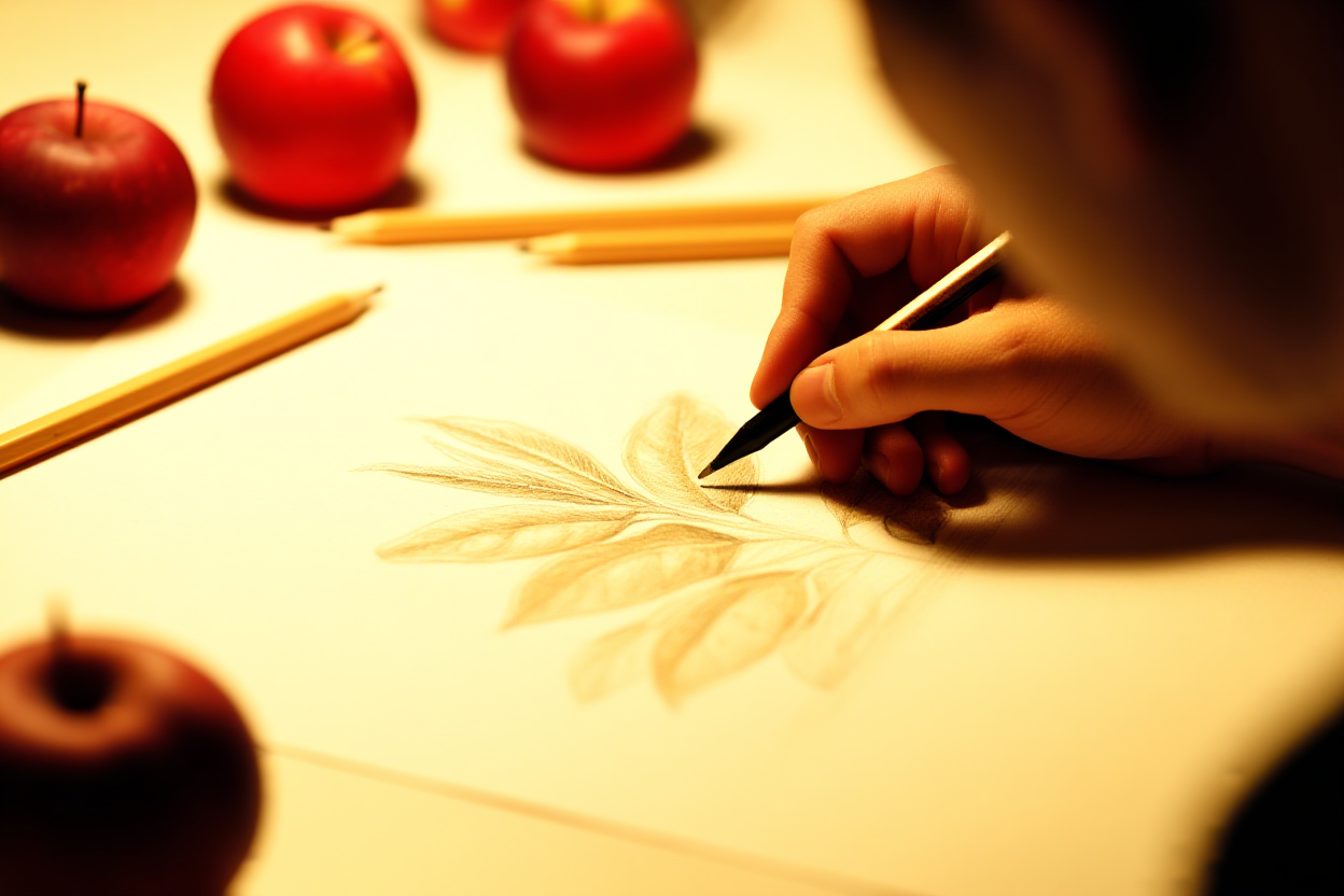 tangan dekat seorang artis yang sedang menggambar ilustrasi botani terperinci di atas kertas bertekstur tebal, dikelilingi oleh hiasan tersebar
