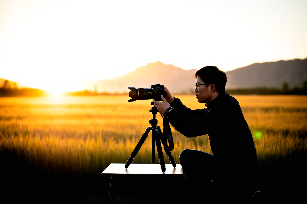 seorang fotografer berlutut di tengah rumput emas tinggi saat matahari terbit menyesuaikan DSLR pada tripod, pegunungan jauh, cahaya belakang hangat,