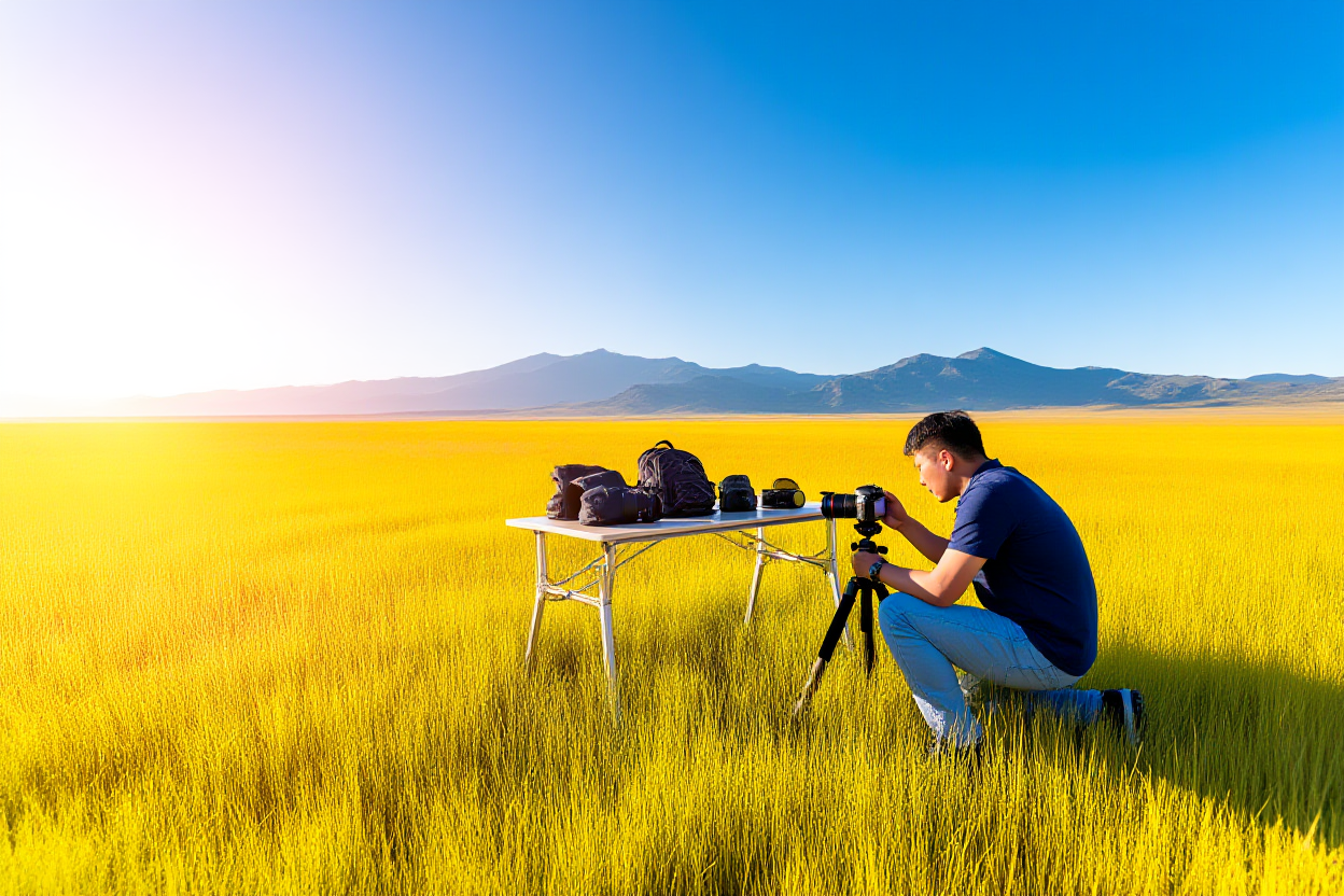 Ein Fotograf kniet im hohen goldenen Gras bei Sonnenaufgang und justiert eine DSLR-Kamera auf einem Stativ, wobei in der Ferne Berge sichtbar sind
