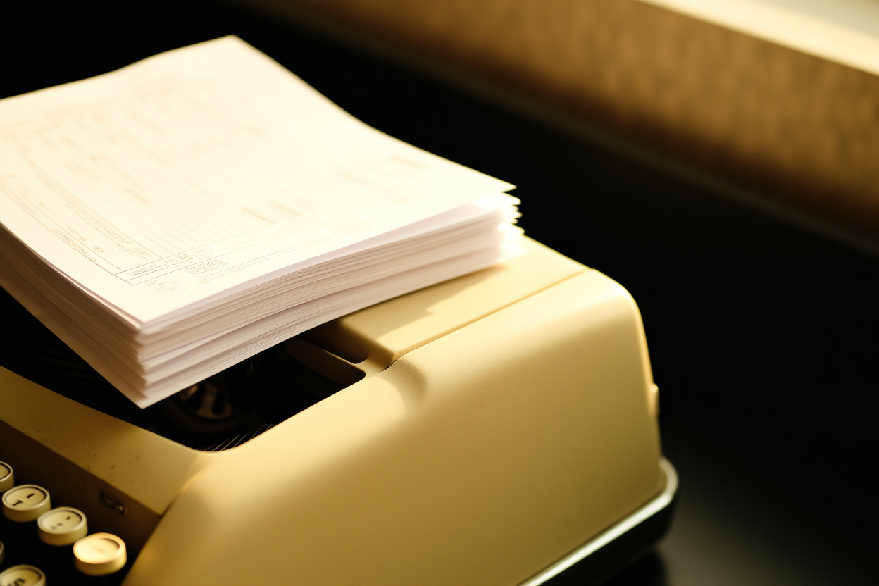 Eine Vintage-Schreibmaschine sitzt neben einem Stapel ordentlich organisierter Papierrechnungen in weichem natürlichen Licht