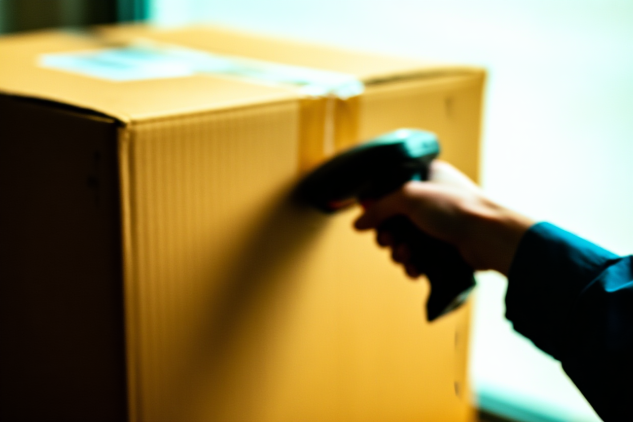 Ein Lagerarbeiter scannt einen Barcode auf einem Kartonschild mit der Aufschrift „Metadaten“ mit einem Handscanner ein