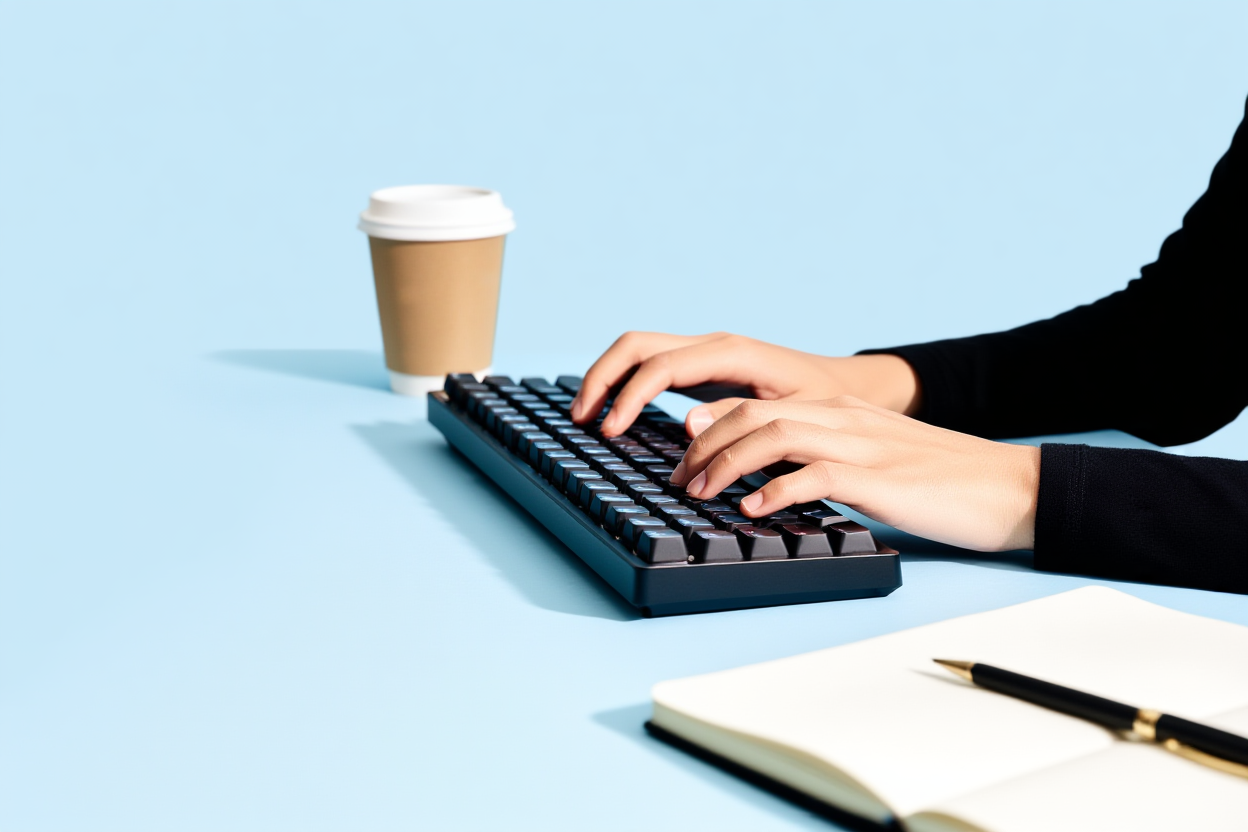 Die Hände einer Person tippen auf einer mechanischen Tastatur, in der Nähe steht eine Tasse Kaffee und ein Notizbuch