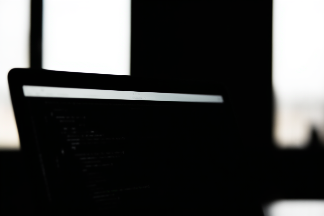 màn hình laptop hiển thị các dòng mã và văn bản lệnh trên nền văn phòng mờ, ánh sáng tự nhiên mềm mại, góc rộng 