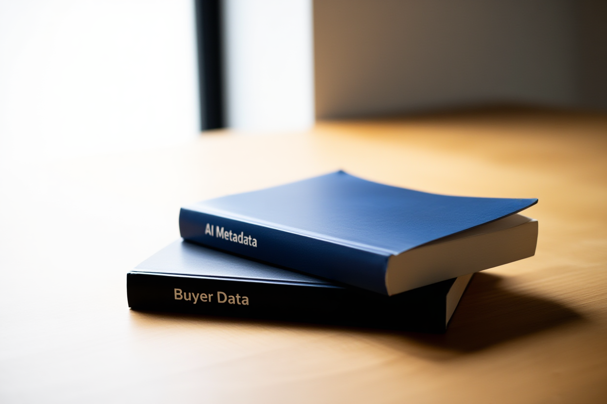 hai chồng sách có tựa đề "AI Metadata" và "Buyer Data" trên bề mặt gỗ, ánh sáng ban ngày mềm mại, góc chụp phong cảnh rộng