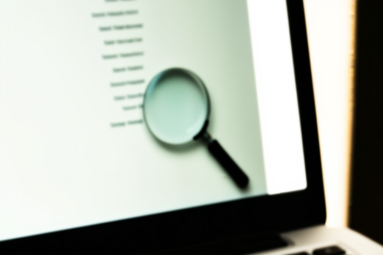 ein Laptop-Bildschirm, der eine Liste von Stock-Foto-Keywords neben einer Lupe anzeigt, weiches natürliches Licht, breites Landschaftsbild