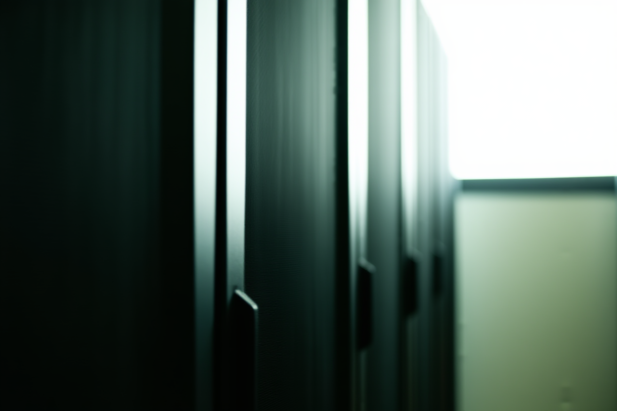 ein Server-Rack mit blinkenden Lichtern, das eine hohe Datenverarbeitung darstellt, weiches natürliches Licht, breite Landschaftsaufnahme