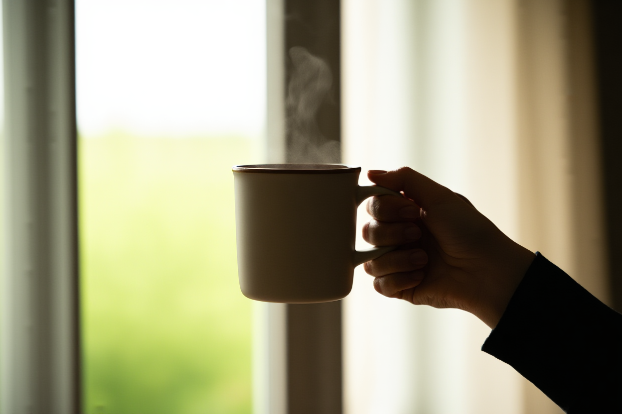 A hand holding a steaming ceramic mug near a window with soft natural light filtering through sheer curtains
