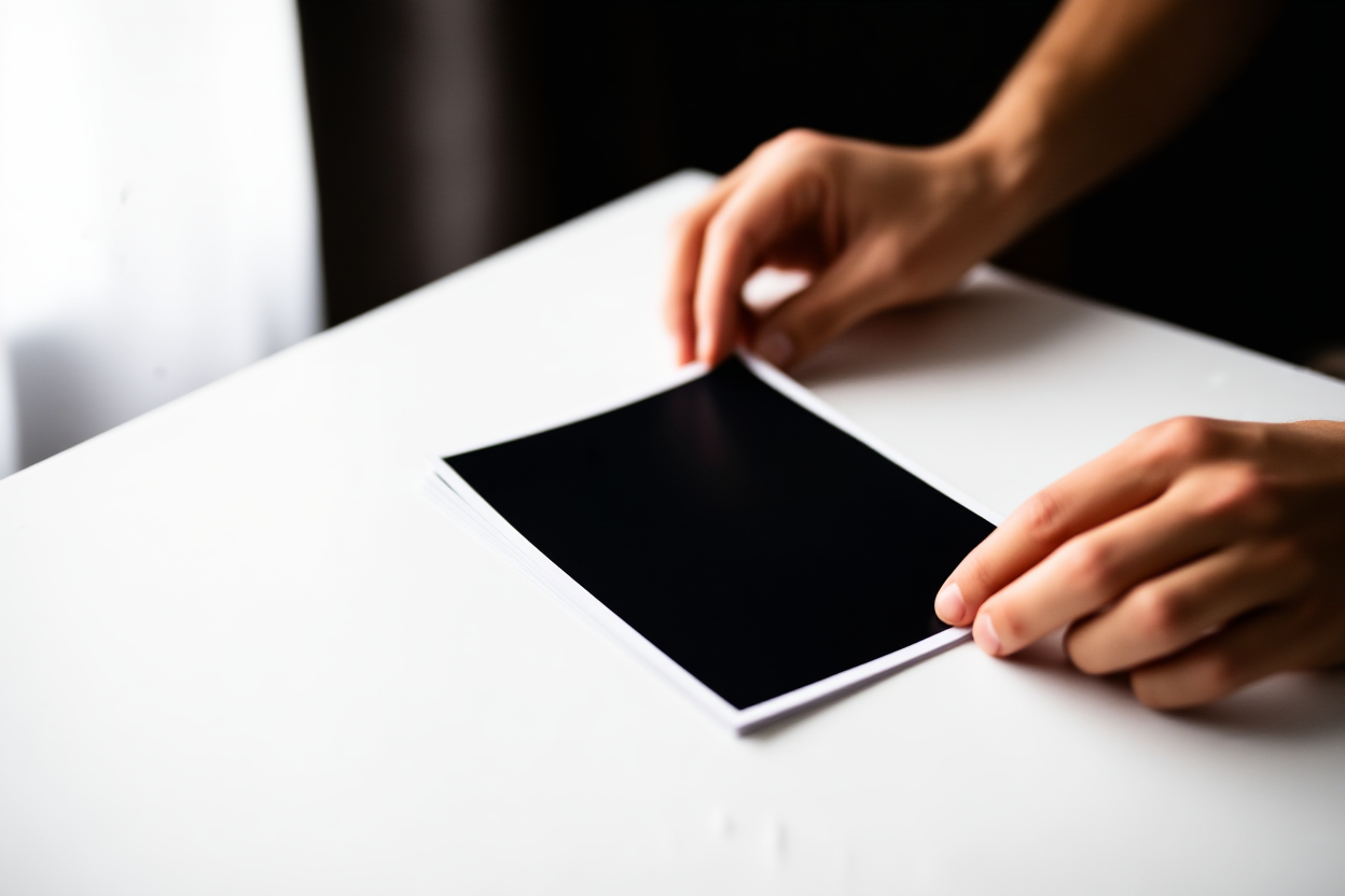 A photographer’s hands rapidly sorting through a stack of printed photographs on a clean white table