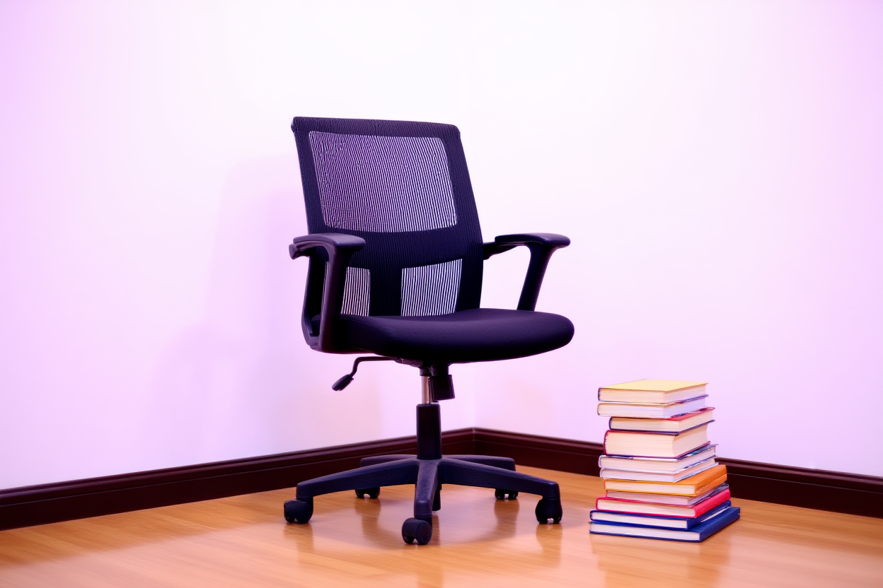A modern office chair next to a stack of colorful hardcover books in a quiet library corner